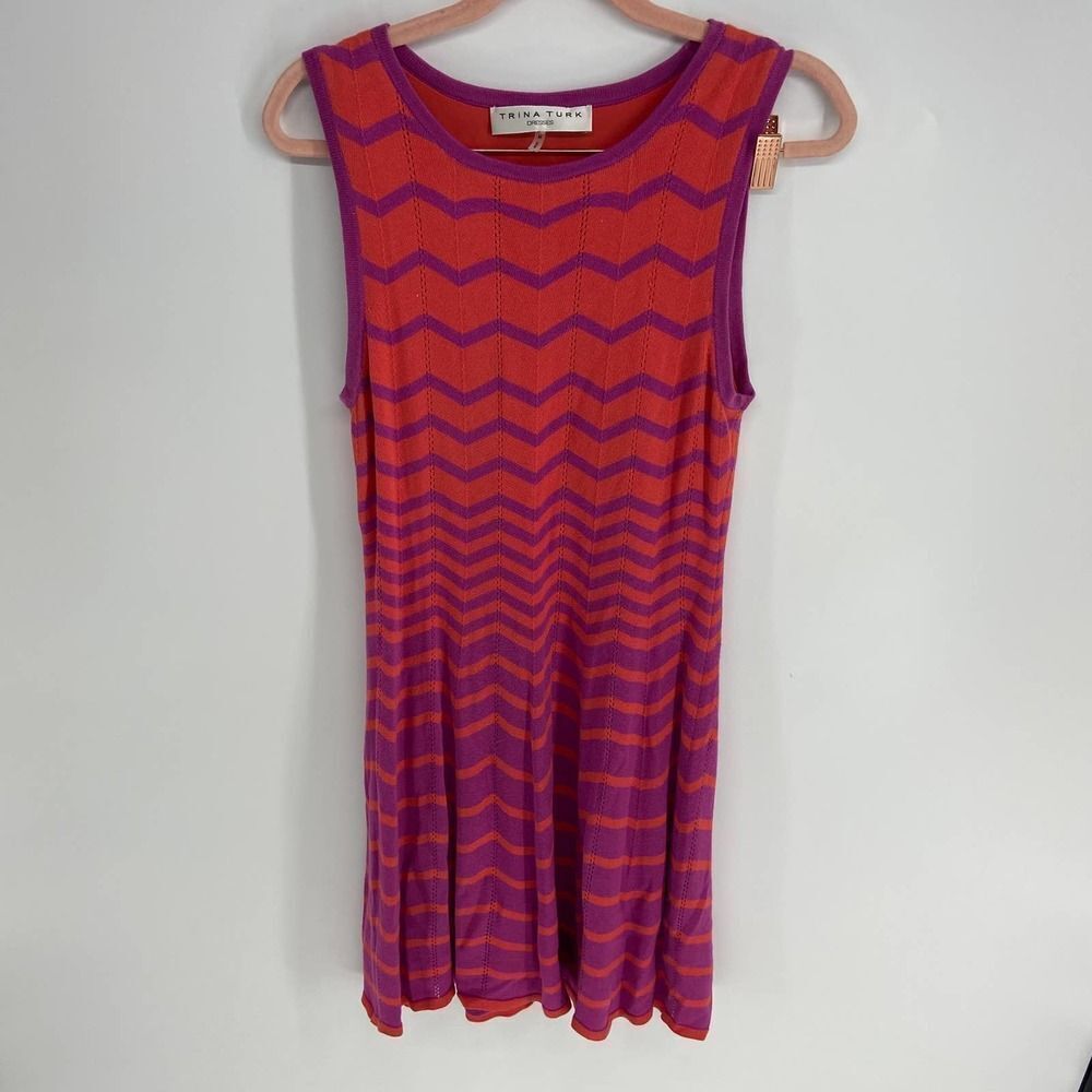 Trina turk Orange Pink Chevron Knit print Sleeveless Mini Dress womens medium